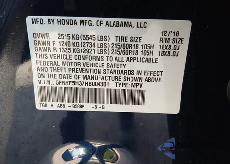 2017 Honda Pilot Ex z USA, uszkodzony, nr VIN 5FNYF5H37HB004301